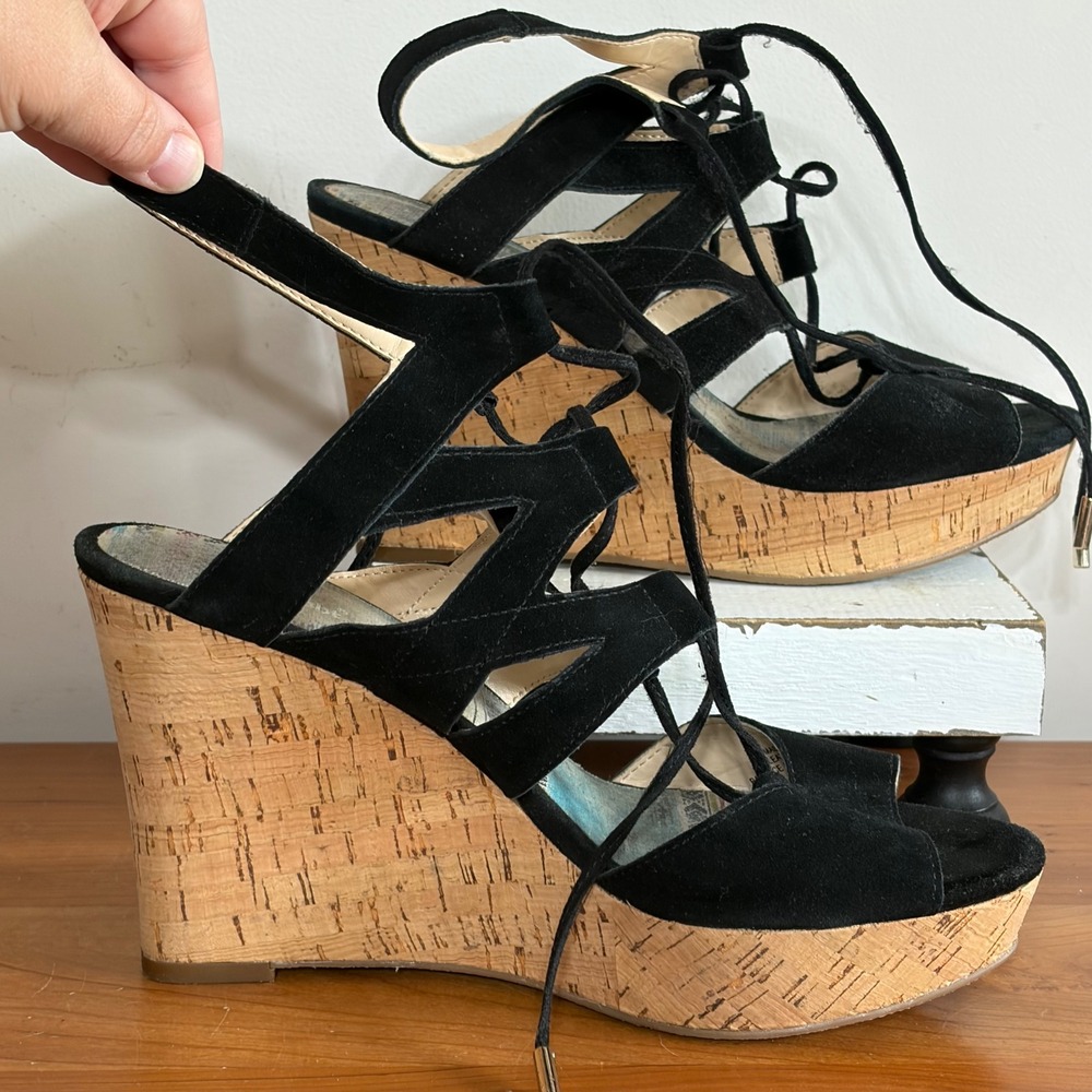 Limelight Black Faux Suede Lace Up Cork‎ Wedge Sandals Womens Size 10